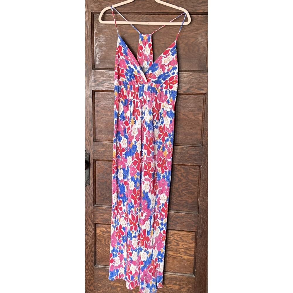 Vtg Style Up California White Blue Red Floral Mini Pleated Y Back Maxi Dress 70s